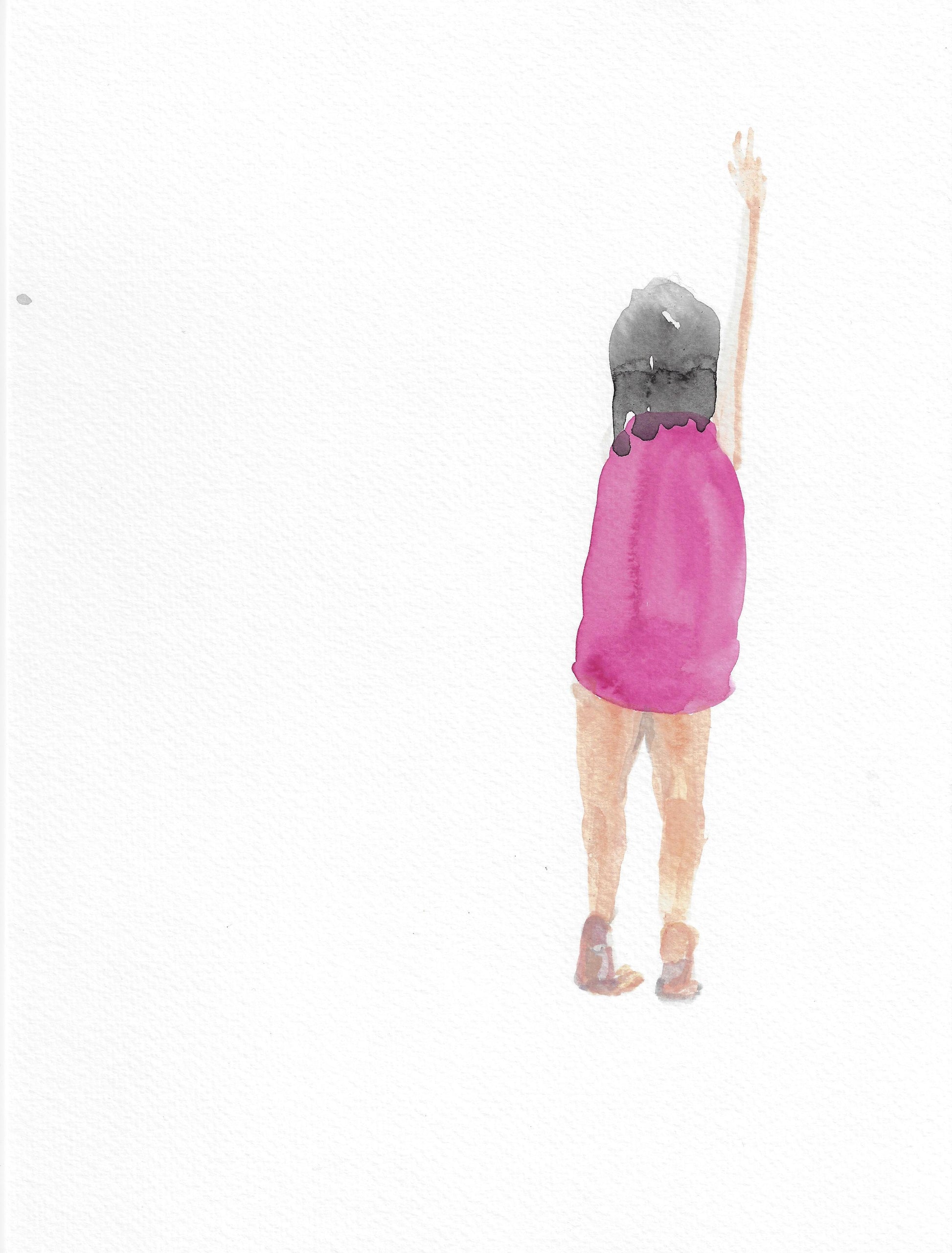 small female in short pink dress reaching up to nothing on white background 